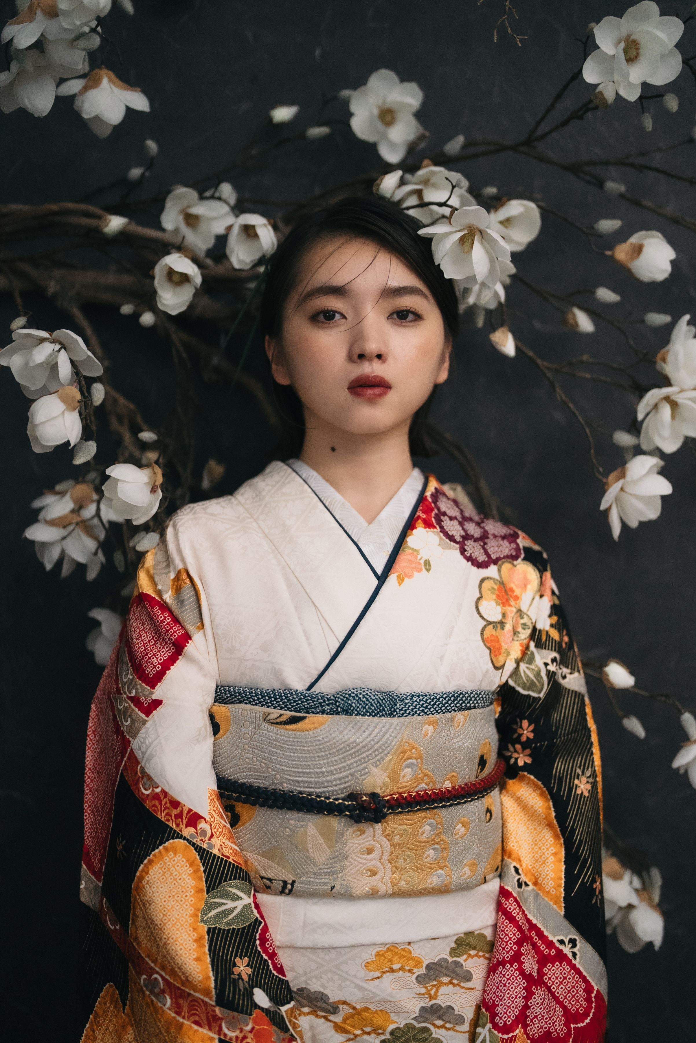 振袖 袋帯 単品「白地、金×香色 二重亀甲に菊桜」日本製 お仕立て