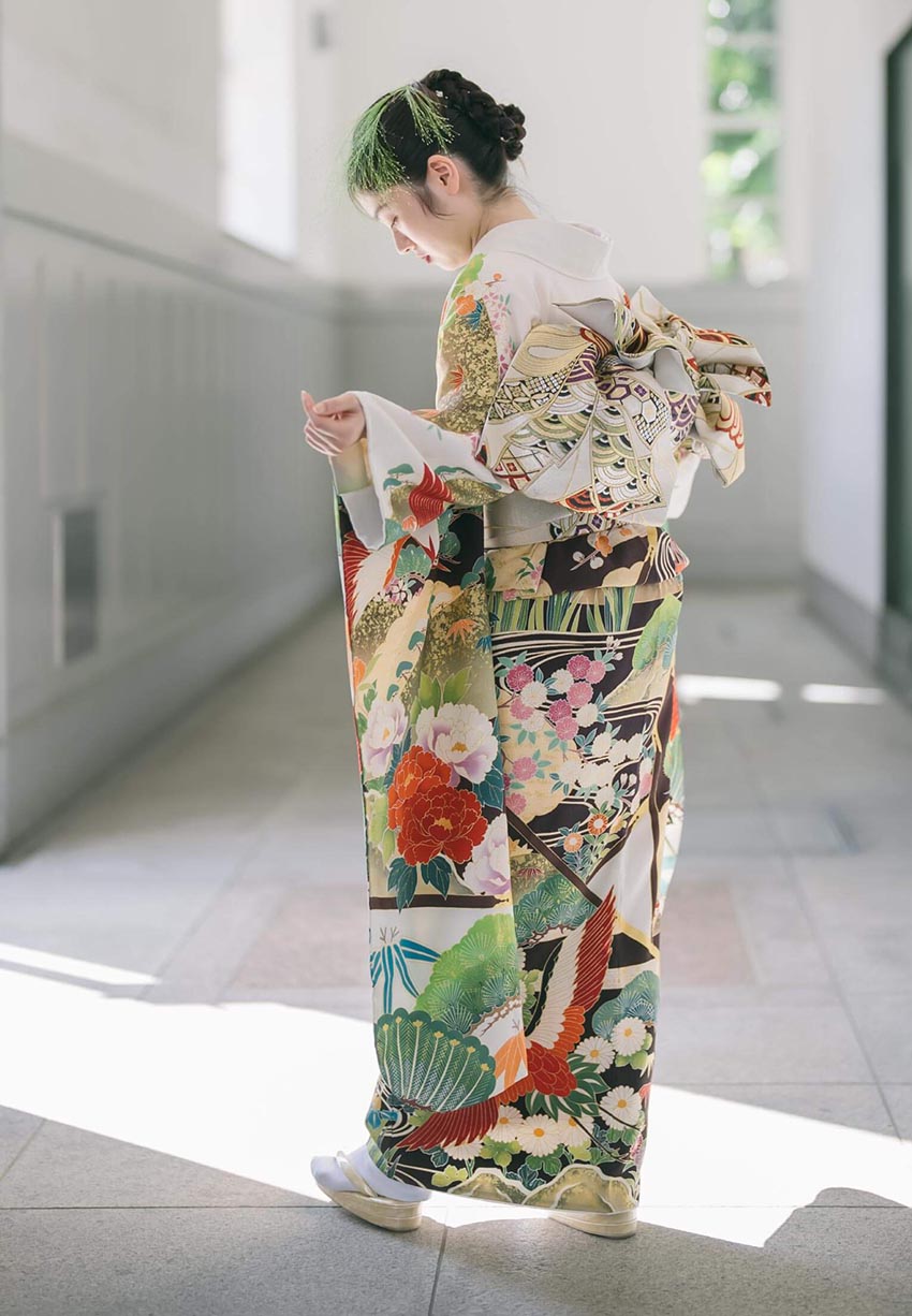 手描き友禅　振袖　美品 振袖0041 吉澤友禅【瑞鶴大和絵屏風図】｜ル・クローゼット