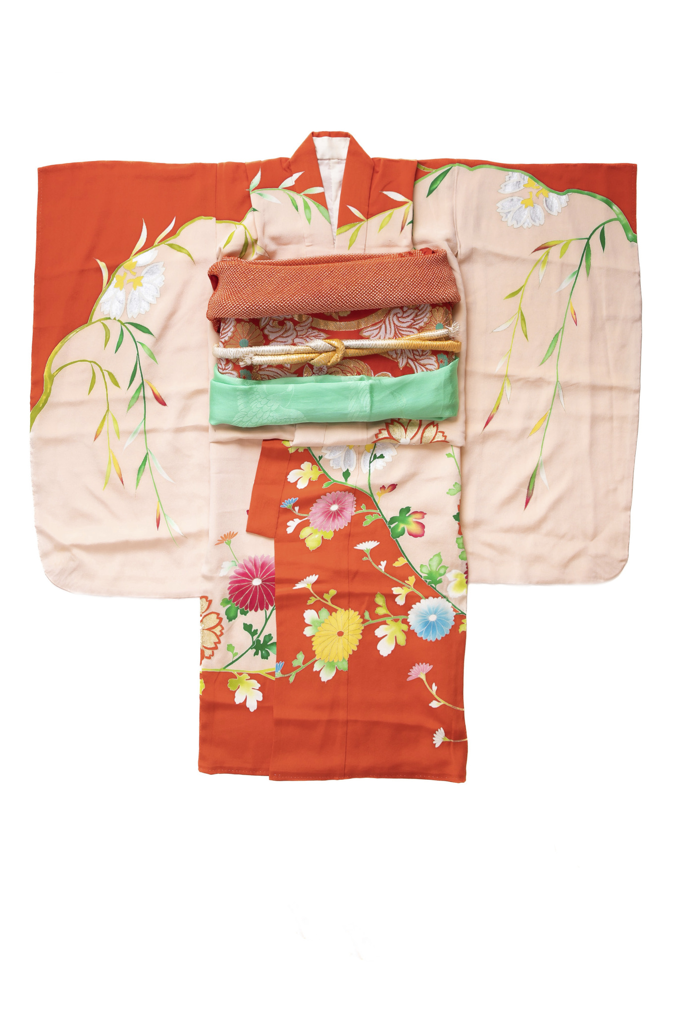 (う9) 漆黒ギザ文に咲く菊と紅葉と桐の花唐草艶 アンティーク振袖②点セット う9) 漆黒ギザ文に咲く菊と紅葉と桐の花唐草艶 アンティーク振袖